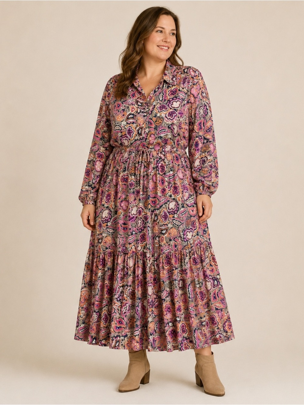 Boho Paisley Maxi Shirt Dress XL 70s Folk Tiered Long Sleeve St. John’s Bay